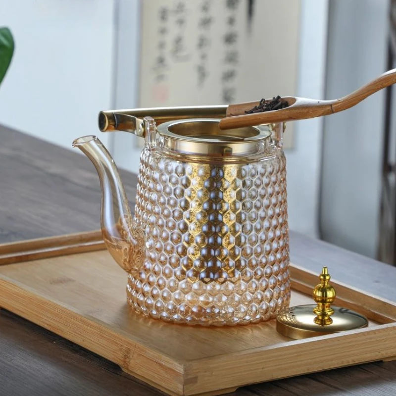 Grande théière en verre martelé 1,5 L, anse en cuivre style japonais