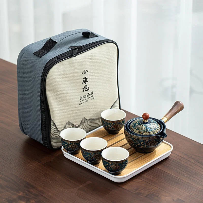 Service à Thé Chinois Gongfu en Porcelaine — Théière Rotative à 360° avec Infuseur
