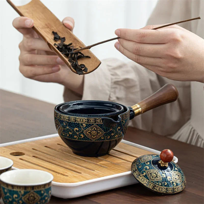 Service à Thé Chinois Gongfu en Porcelaine — Théière Rotative à 360° avec Infuseur