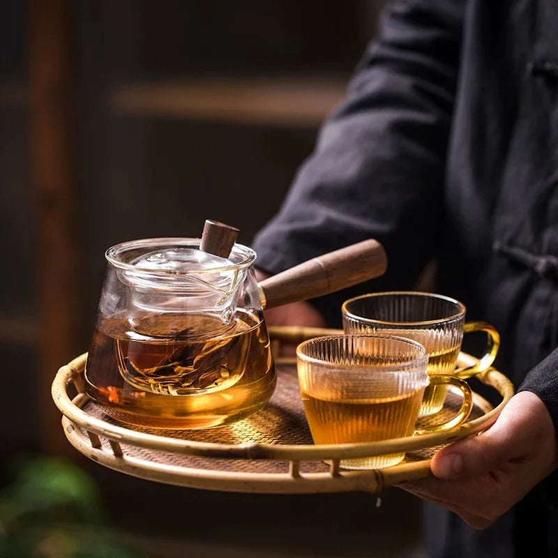 Théière en Verre 400ml — Poignée Latérale en Bois et Filtre Intégré