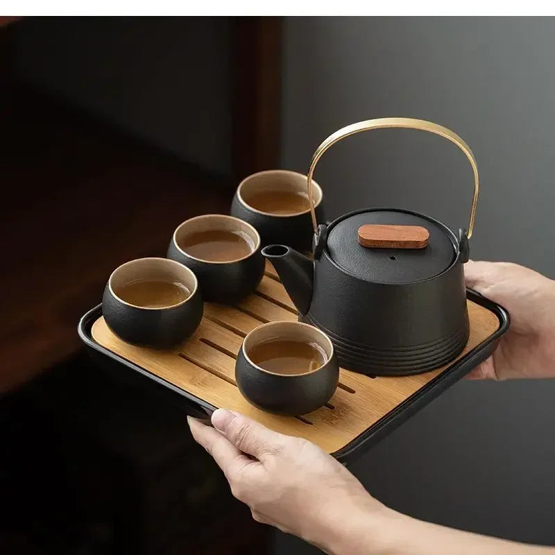 Service à Thé Kung Fu en Céramique Noire — Théière, Tasses et Plateau