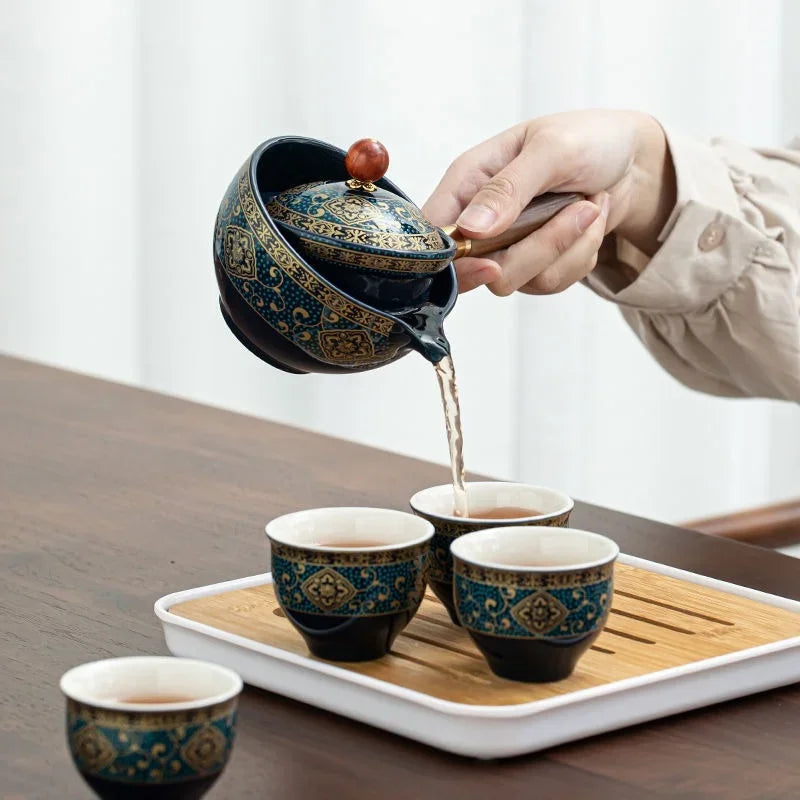 Service à Thé Chinois Gongfu en Porcelaine — Théière Rotative à 360° avec Infuseur