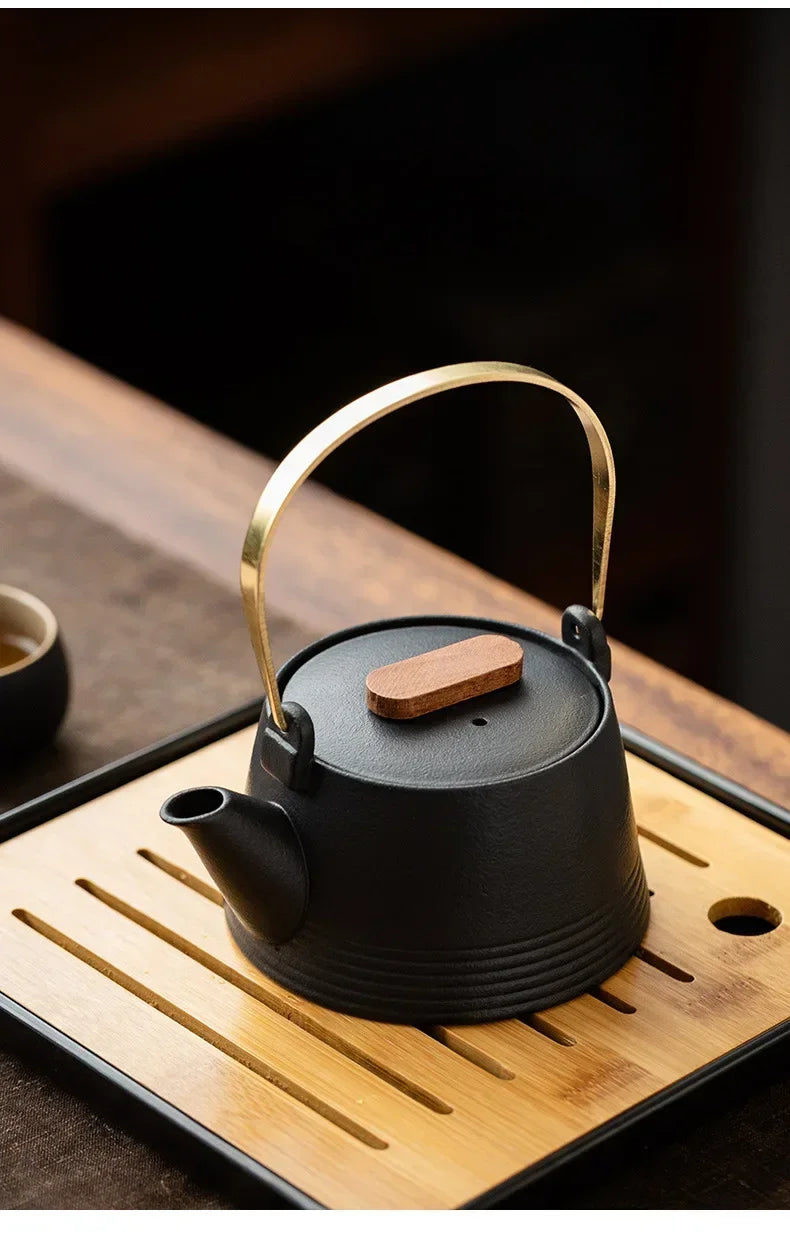 Service à Thé Kung Fu en Céramique Noire — Théière, Tasses et Plateau