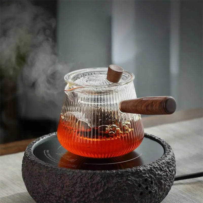 Théière en Verre 400ml — Poignée Latérale en Bois et Filtre Intégré
