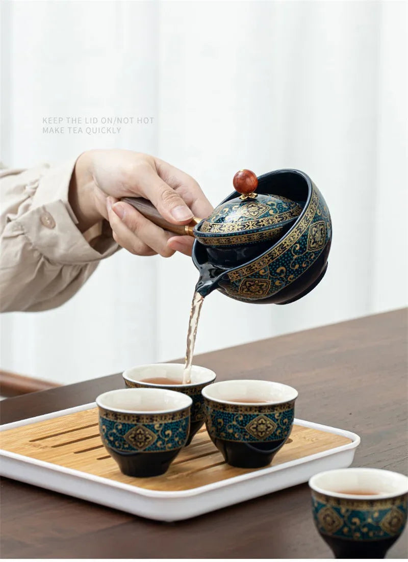 Service à Thé Chinois Gongfu en Porcelaine — Théière Rotative à 360° avec Infuseur