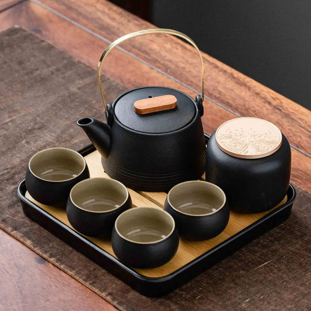 Service à Thé Kung Fu en Céramique Noire — Théière, Tasses et Plateau