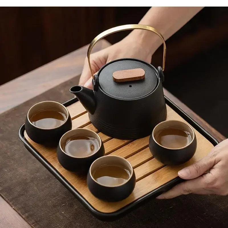 Service à Thé Kung Fu en Céramique Noire — Théière, Tasses et Plateau