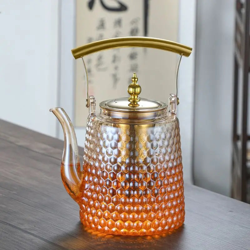Grande théière en verre martelé 1,5 L, anse en cuivre style japonais