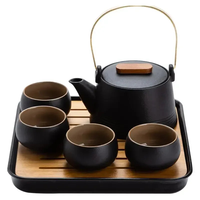 Service à Thé Kung Fu en Céramique Noire — Théière, Tasses et Plateau