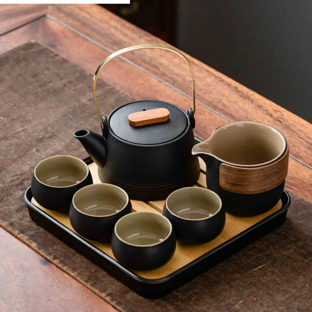 Service à Thé Kung Fu en Céramique Noire — Théière, Tasses et Plateau