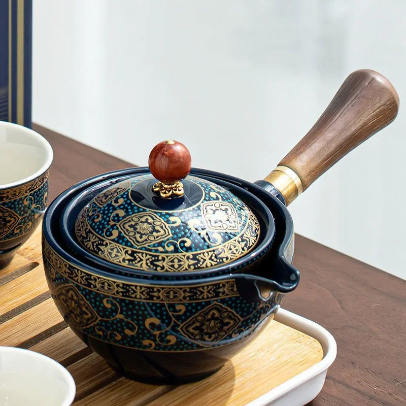 Service à Thé Chinois Gongfu en Porcelaine — Théière Rotative à 360° avec Infuseur