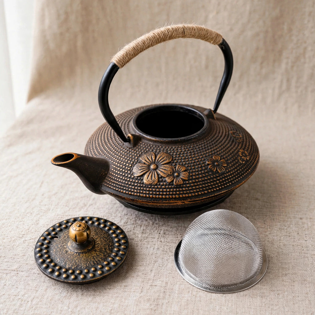 Théière en fonte japonaise 700 ml, motif fleur de cerisier doré