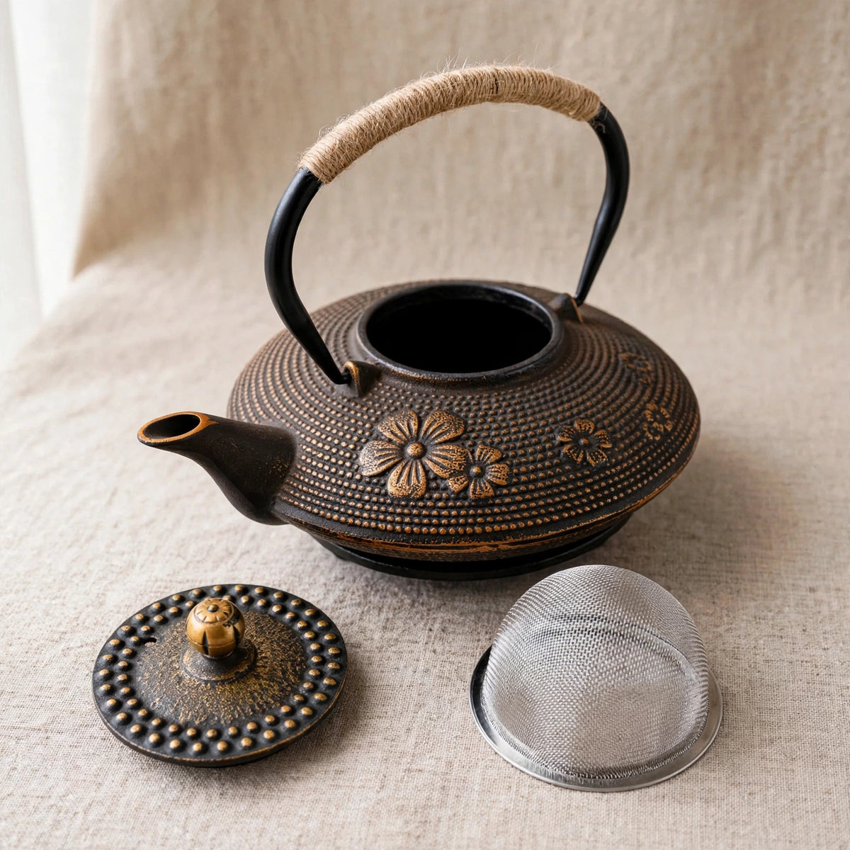 Théière en fonte japonaise 700 ml, motif fleur de cerisier doré