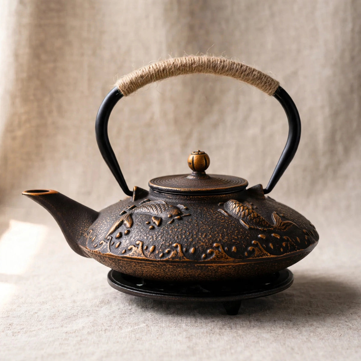 Théière en fonte japonaise 700 ml, motif poisson doré