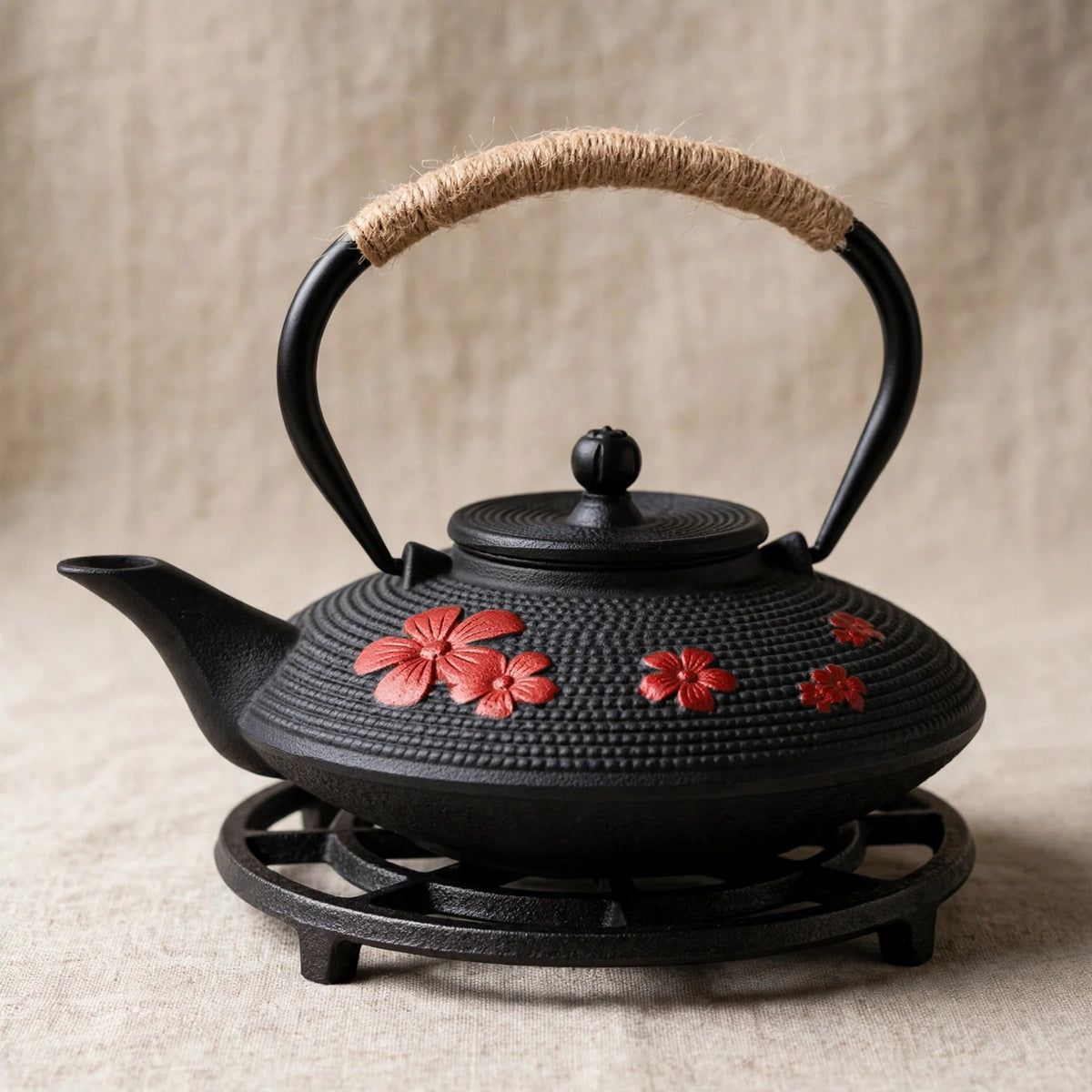 Théière en fonte japonaise 700 ml, motifs rouges, style artisanal