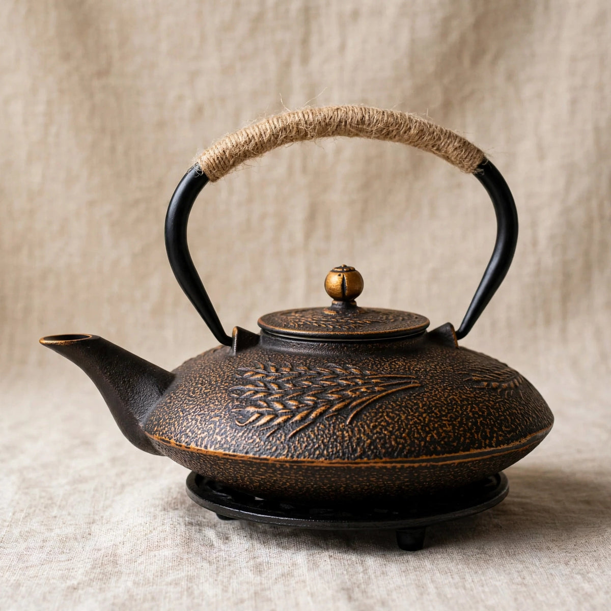 Théière en fonte japonaise 700 ml, motif épis de blé doré