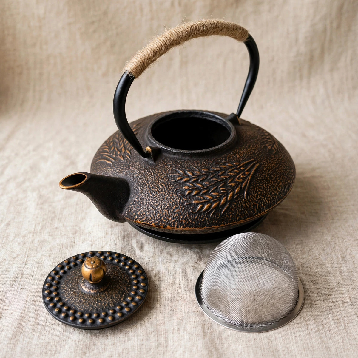 Théière en fonte japonaise 700 ml, motif épis de blé doré