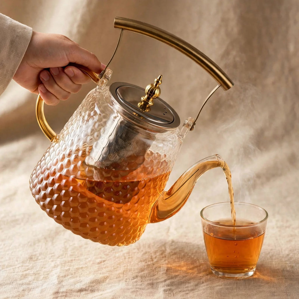 Grande théière en verre martelé 1,5 L, anse en cuivre style japonais