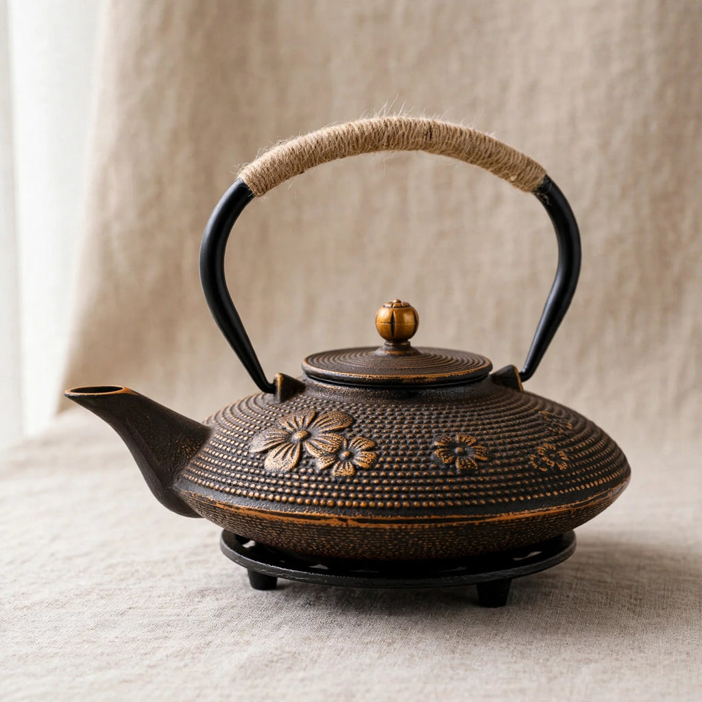 Théière en fonte japonaise 700 ml, motif fleur de cerisier doré