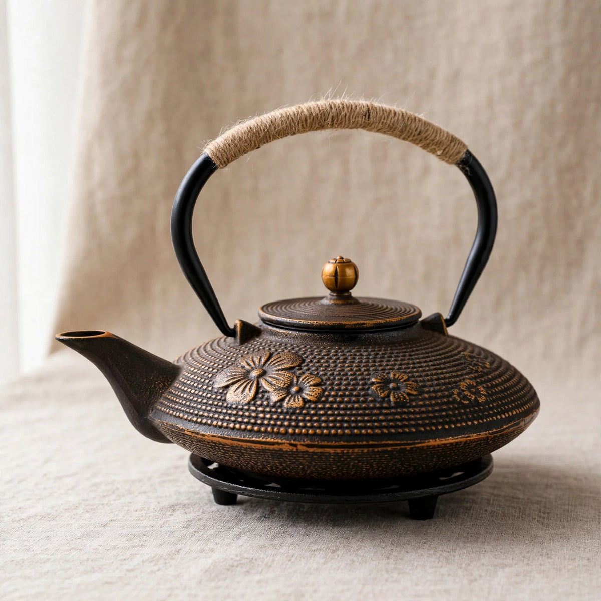 Théière en fonte japonaise 700 ml, motif fleur de cerisier doré