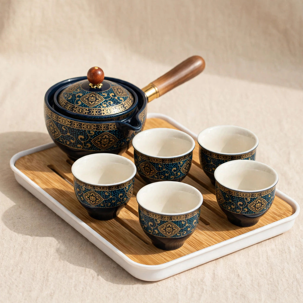 Service à thé Gongfu en porcelaine, théière rotative 360°