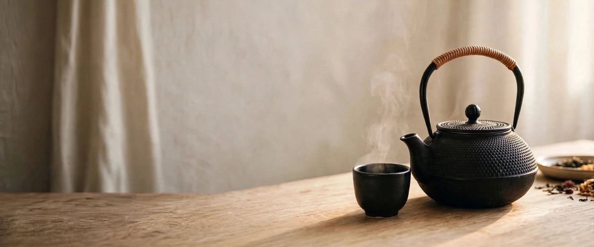 Théière en fonte et tasse posées sur une table en bois