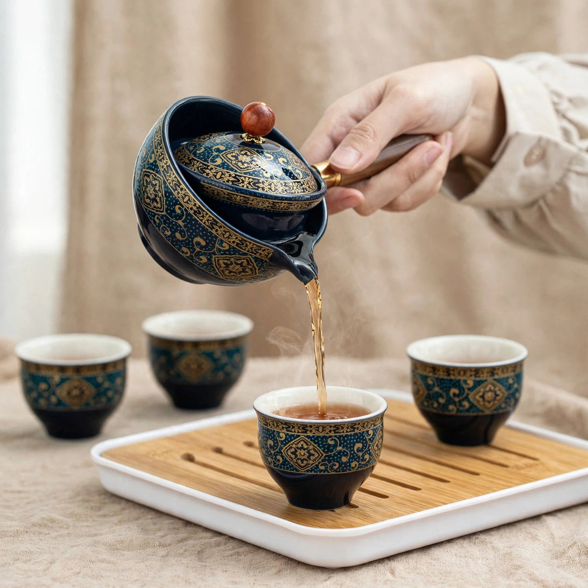 Service à thé Gongfu en porcelaine, théière rotative 360°