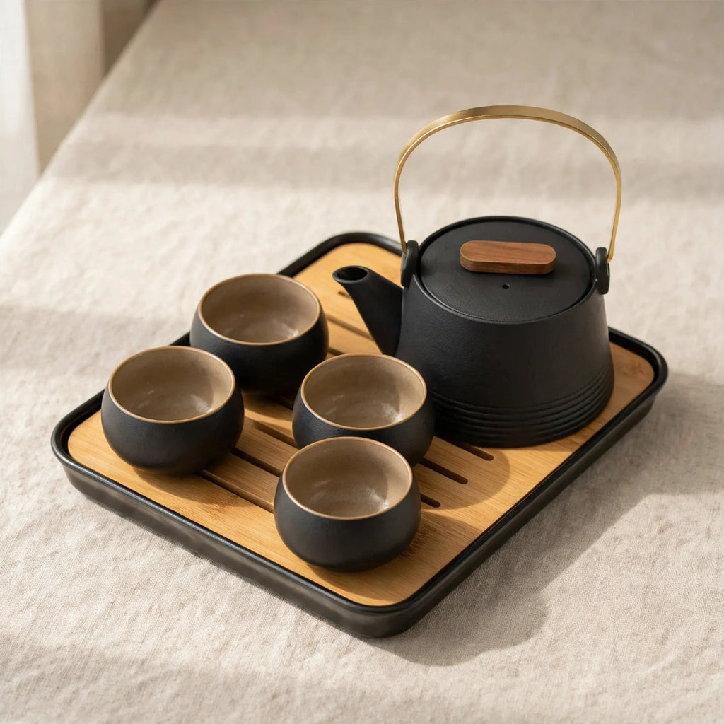 Service à thé Kung Fu, céramique noire, tasses et plateau