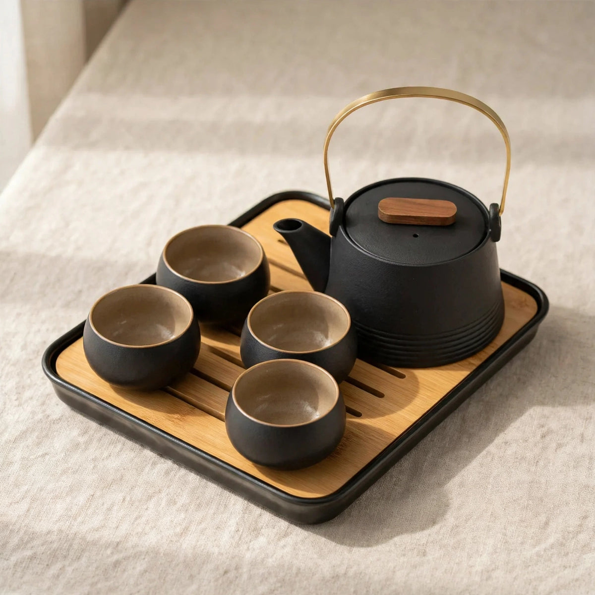 Service à thé Kung Fu, céramique noire, tasses et plateau