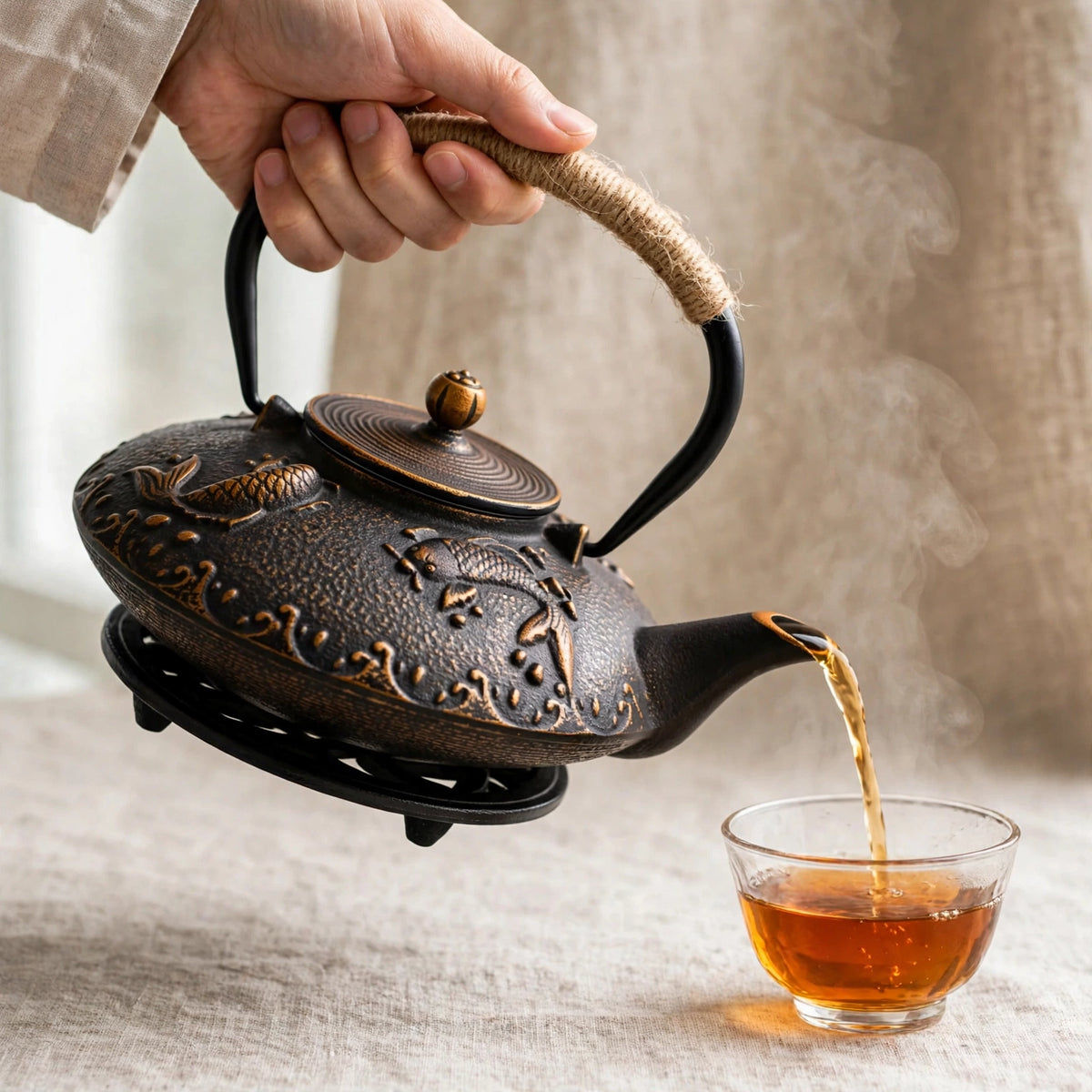Théière en fonte japonaise 700 ml, motif poisson doré