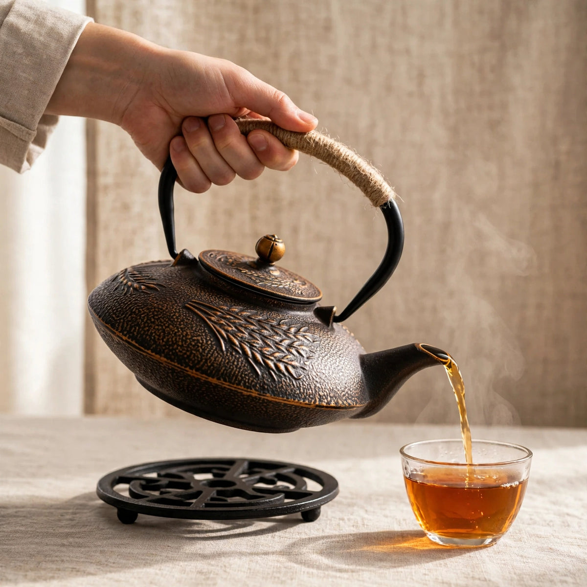Théière en fonte japonaise 700 ml, motif épis de blé doré