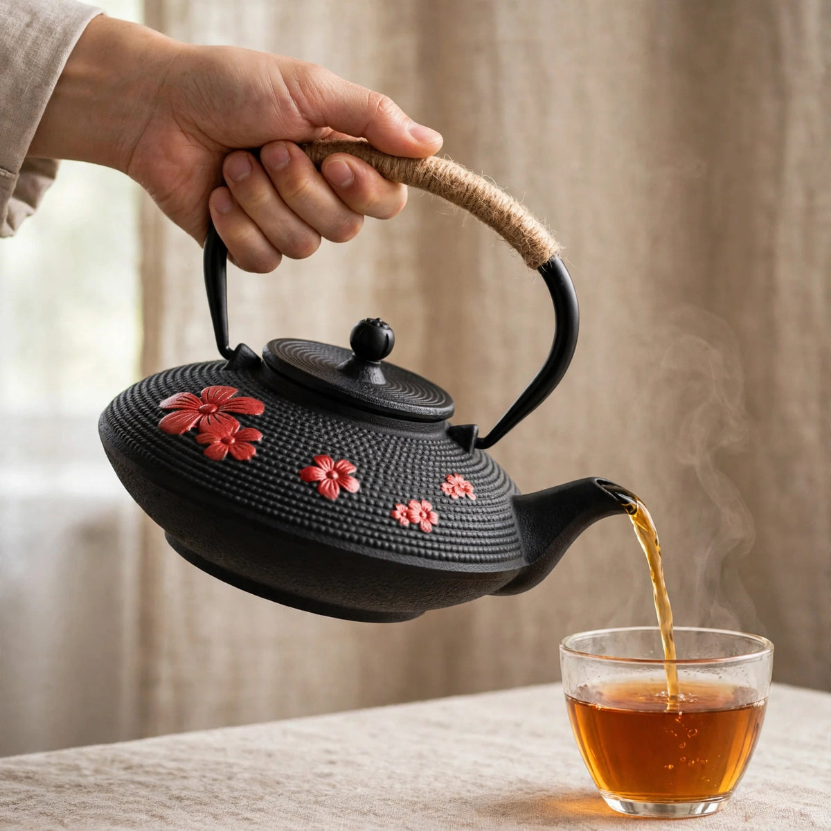 Théière en fonte japonaise 700 ml, motifs rouges, style artisanal